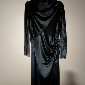 Donna Karan Black Long Sleeve Draped Satin-Effect Evening Dress